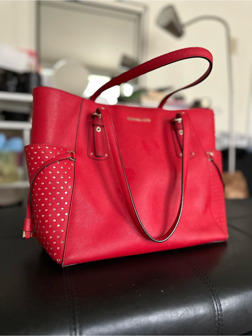 Michael Kors Red Saffiano Leather Studded Tote